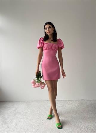  Sırt Dekolteli Atlas Elbise -6751 - Pembe