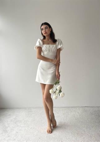  Sırt Dekolteli Atlas Elbise -6751 - Beyaz