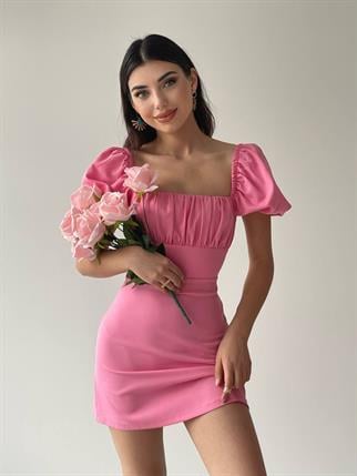  Sırt Dekolteli Atlas Elbise -6751 - Pembe