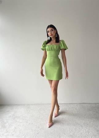  Sırt Dekolteli Atlas Elbise -6751 - Yeşil