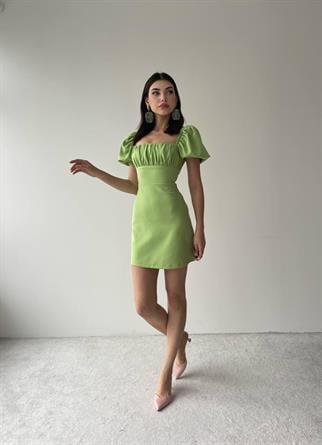  Sırt Dekolteli Atlas Elbise -6751 - Yeşil