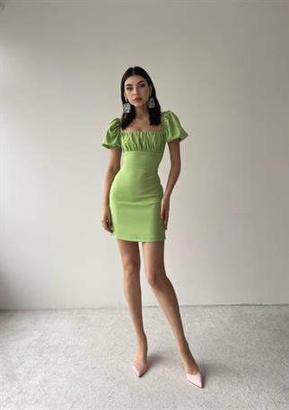  Sırt Dekolteli Atlas Elbise -6751 - Yeşil