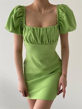  Sırt Dekolteli Atlas Elbise -6751 - Yeşil