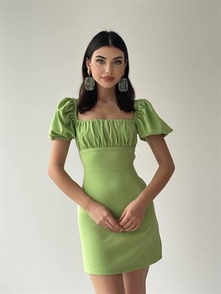  Sırt Dekolteli Atlas Elbise -6751 - Yeşil