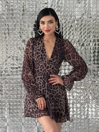 Sırt Dekolteli Leopar Şifon Mini Elbise