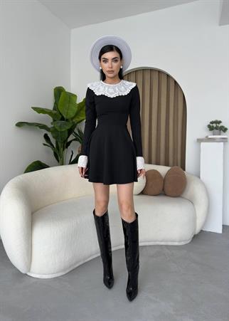 Siyah Dantel Yaka Midi Elbise
