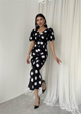  Puantiyeli Fırfır Detay Midi Boy Elbise - Siyah