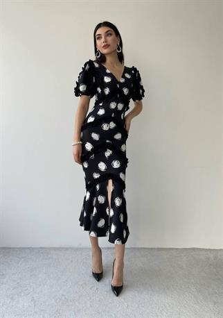  Puantiyeli Fırfır Detay Midi Boy Elbise - Siyah