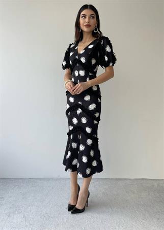  Puantiyeli Fırfır Detay Midi Boy Elbise - Siyah