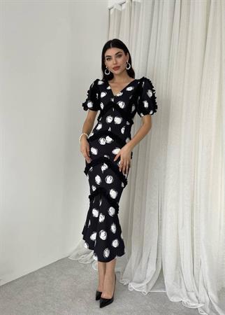  Puantiyeli Fırfır Detay Midi Boy Elbise - Siyah