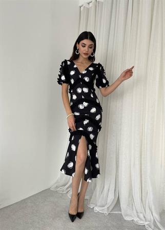  Puantiyeli Fırfır Detay Midi Boy Elbise - Siyah