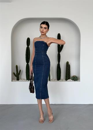 Straplez Midi Denim Elbise