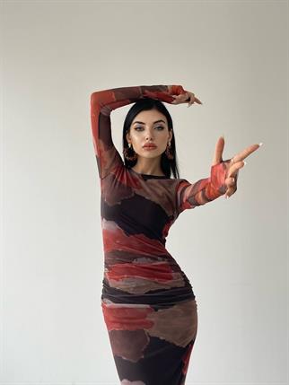 Streç Midi Uzun Kol Elbise Kırmızı