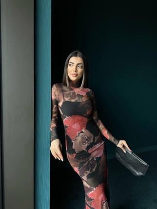 Suna Streç Tül Uzun Elbise Kırmızı 