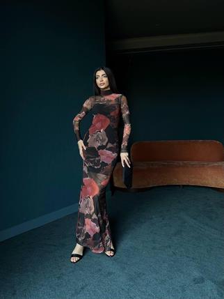 Suna Streç Tül Uzun Elbise Kırmızı 