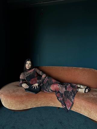 Suna Streç Tül Uzun Elbise Kırmızı 