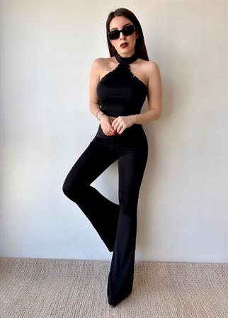 Taş Detaylı Crop Pantolon Takım - Siyah