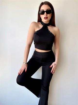 Taş Detaylı Crop Pantolon Takım - Siyah