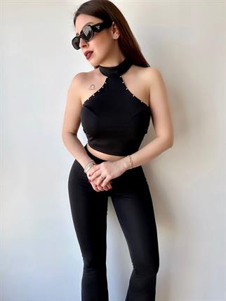 Taş Detaylı Crop Pantolon Takım - Siyah