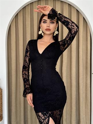 Tasarım Dantel Düğmeli Latin Elbise