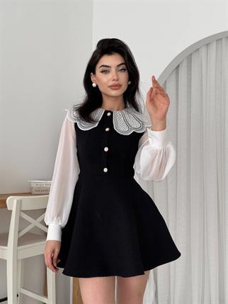 Tasarım Tüvit Kumaş Tül Detay Kol Mini Elbise