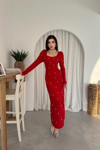 Taşlı Maya Yırtmaçlı Uzun Elbise