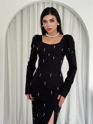 Taşlı Maya Yırtmaçlı Uzun Elbise