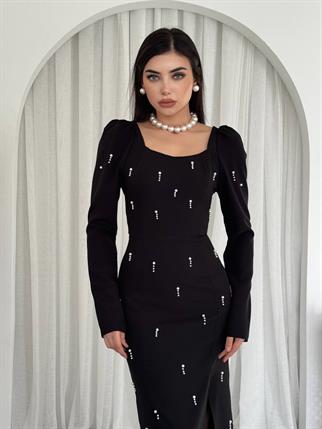 Taşlı Maya Yırtmaçlı Uzun Elbise