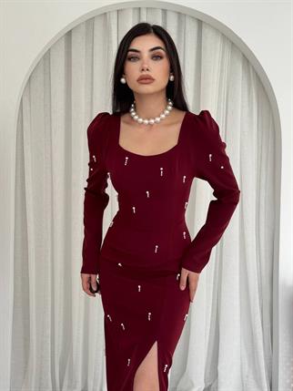 Taşlı Maya Yırtmaçlı Uzun Elbise