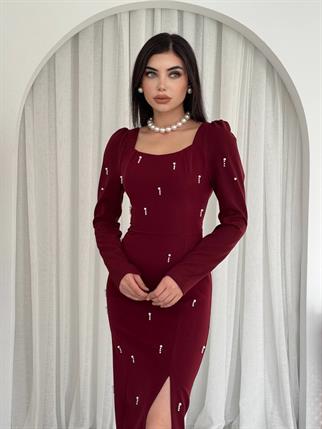 Taşlı Maya Yırtmaçlı Uzun Elbise