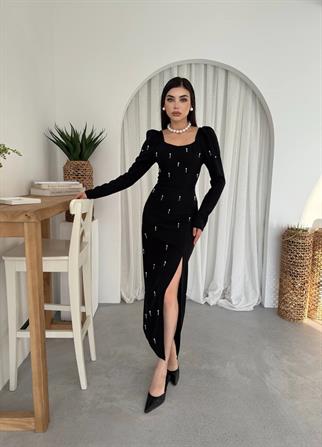 Taşlı Maya Yırtmaçlı Uzun Elbise