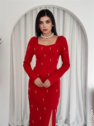 Taşlı Maya Yırtmaçlı Uzun Elbise