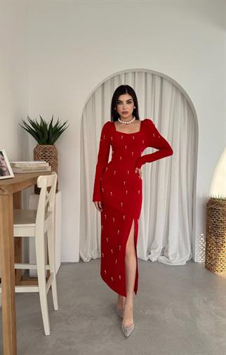 Taşlı Maya Yırtmaçlı Uzun Elbise