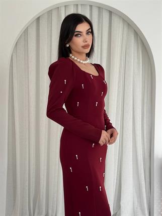 Taşlı Maya Yırtmaçlı Uzun Elbise