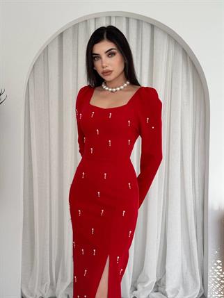 Taşlı Maya Yırtmaçlı Uzun Elbise