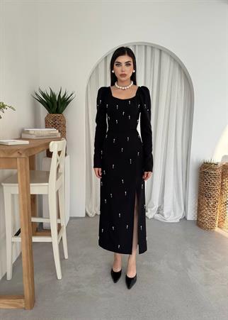 Taşlı Maya Yırtmaçlı Uzun Elbise