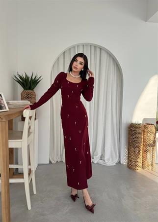 Taşlı Maya Yırtmaçlı Uzun Elbise