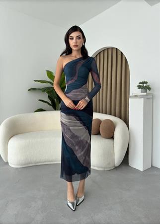 Tek Kol Astarlı Tül Elbise