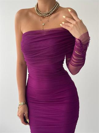 Tek Kol Drapeli Tül Astarlı Elbise