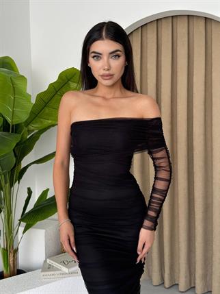 Tek Kol Drapeli Tül Astarlı Elbise