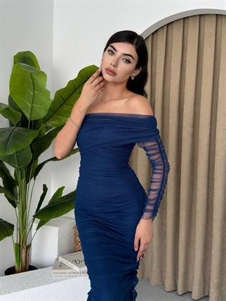 Tek Kol Drapeli Tül Astarlı Elbise