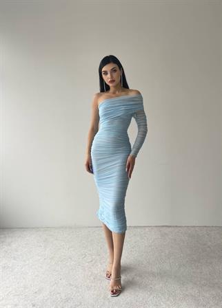 Tek Kol Tül Midi Boy Elbise - 6682 - Bebe Mavi