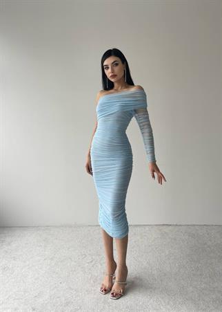 Tek Kol Tül Midi Boy Elbise - 6682 - Bebe Mavi