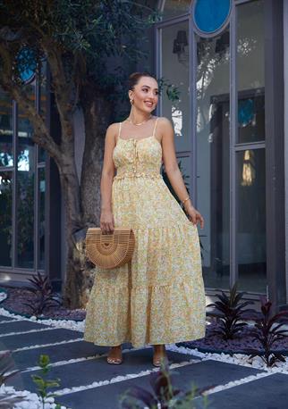 Teressa Askılı Uzun Minik Çiçek Detay Elbise - Sarı