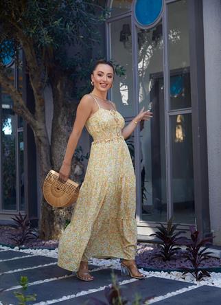 Teressa Askılı Uzun Minik Çiçek Detay Elbise - Sarı