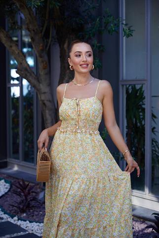 Teressa Askılı Uzun Minik Çiçek Detay Elbise - Sarı