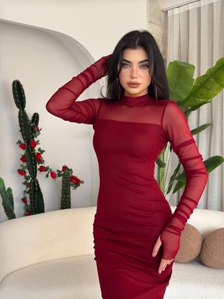 Tül Detay Sinya Uzun Elbise