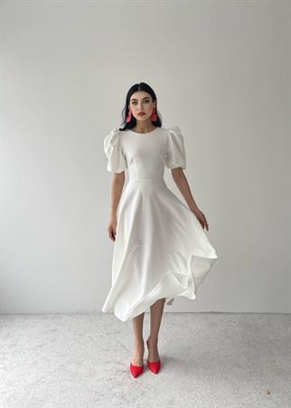 Viki Midi Boy Kloş Elbise-4414 - Beyaz