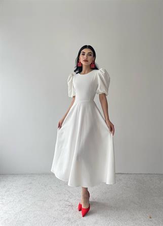 Viki Midi Boy Kloş Elbise-4414 - Beyaz