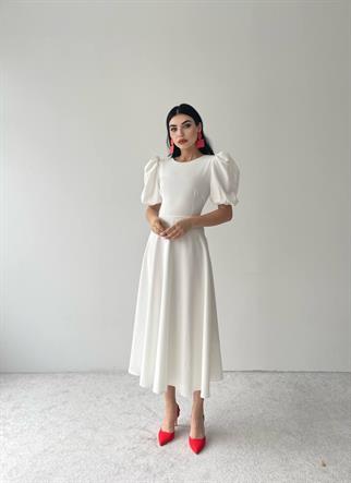 Viki Midi Boy Kloş Elbise-4414 - Beyaz